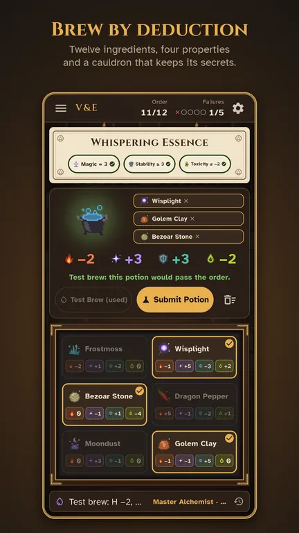 The alchemy workshop: choose ingredients and tint the cauldron